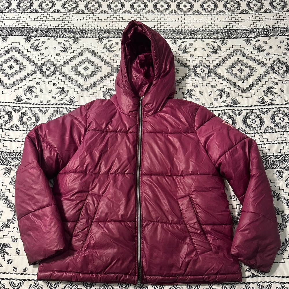 GUESS Puffer Coat Jacket Hooded‎ Fuchsia Full Zip Women's Size L Pockets